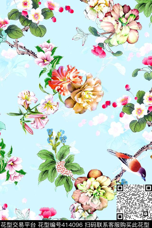 时尚国画花卉水彩数码印花华亿平台下载（图片编号: 414096） - 瓦栏（Walan）