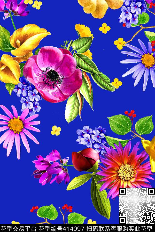 多彩花卉数码印花华亿平台下载（图片编号: 414097） - 瓦栏（Walan）