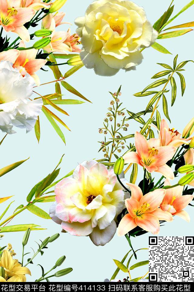 素雅花卉竹子数码印花华亿平台下载（图片编号: 414133） - 瓦栏（Walan）