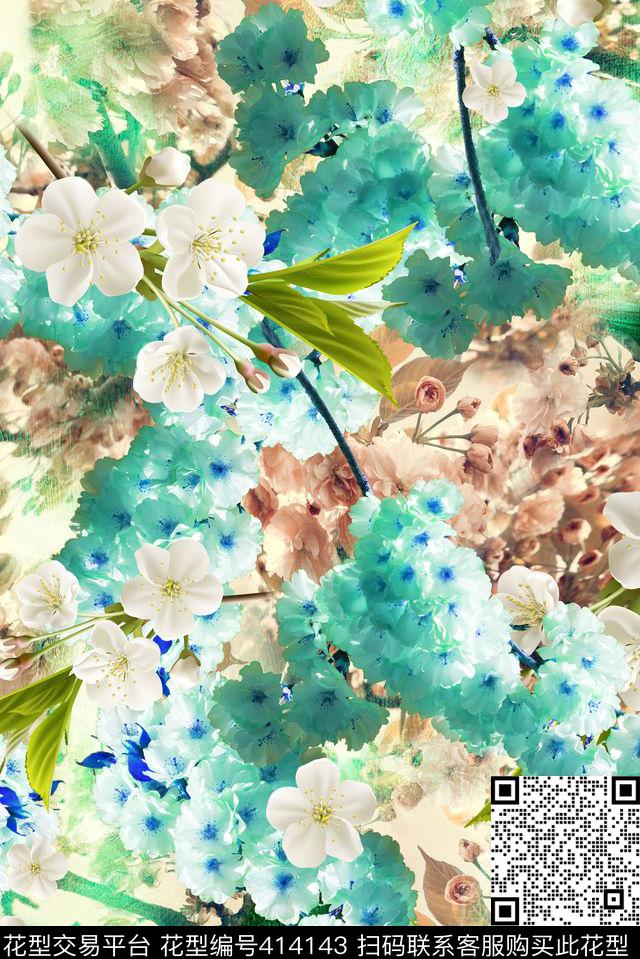 淡雅抽象底纹女装花卉花卉花卉组合数码印花华亿平台下载（图片编号: 414143） - 瓦栏（Walan）
