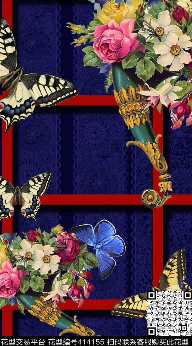 花卉复古蝴蝶花卉数码印花华亿平台下载（图片编号: 414155） - 瓦栏（Walan）