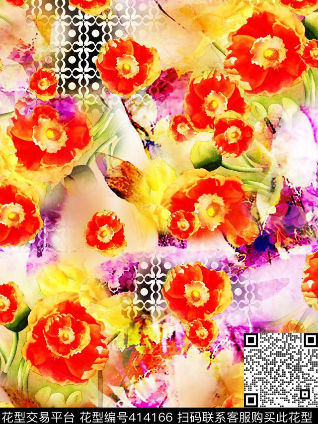 花几何元素手绘数码印花华亿平台下载（图片编号: 414166） - 瓦栏（Walan）