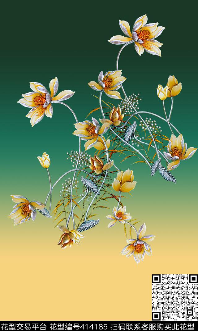 立体荷花素雅中国风渐变数码印花华亿平台下载（图片编号: 414185） - 瓦栏（Walan）