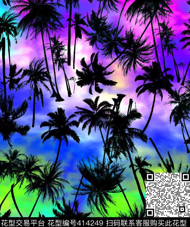 彩色椰树热带植物时尚泳装数码印花华亿平台下载（图片编号: 414249） - 瓦栏（Walan）