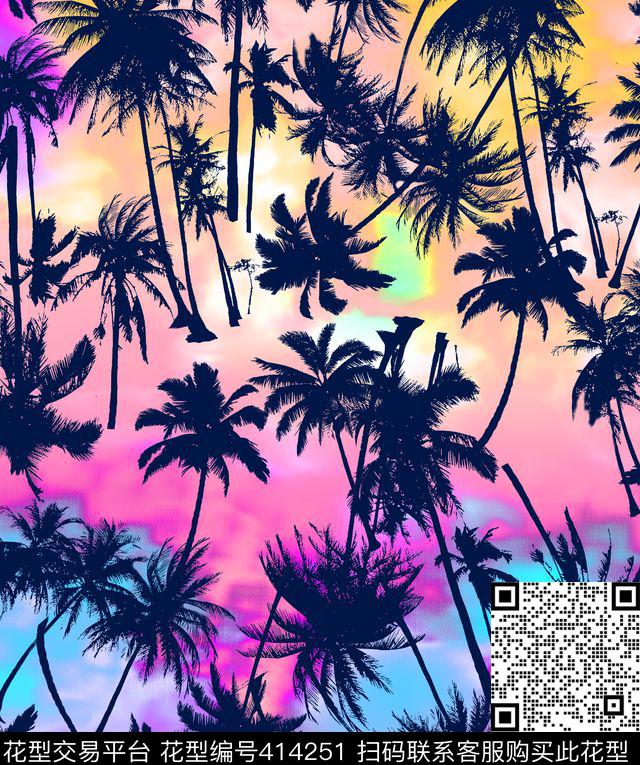 彩色椰树热带植物时尚泳装数码印花华亿平台下载（图片编号: 414251） - 瓦栏（Walan）