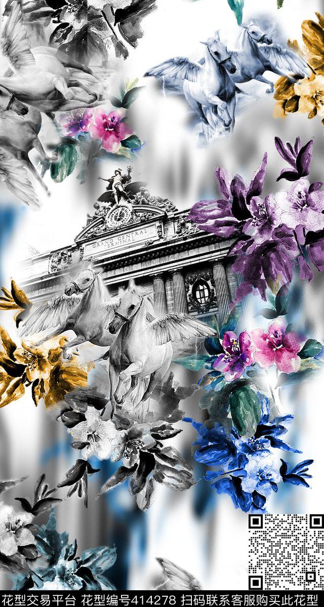 欧式花卉水彩数码印花华亿平台下载（图片编号: 414278） - 瓦栏（Walan）