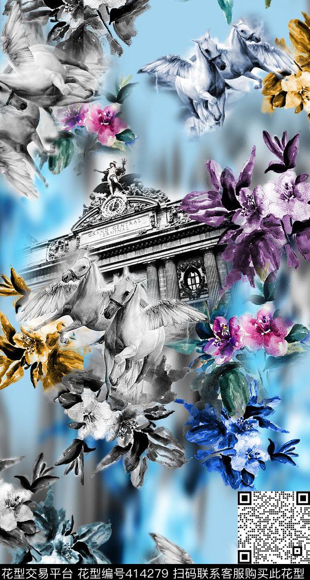 欧式花卉水彩数码印花华亿平台下载（图片编号: 414279） - 瓦栏（Walan）