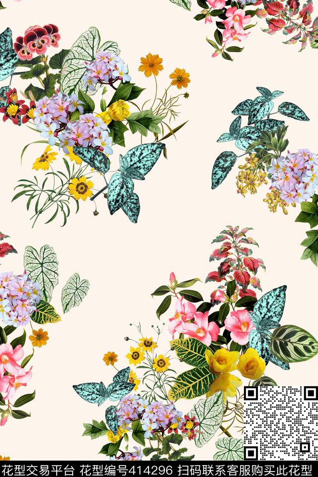 春夏裙子组合花卉素色底数码印花华亿平台下载（图片编号: 414296） - 瓦栏（Walan）