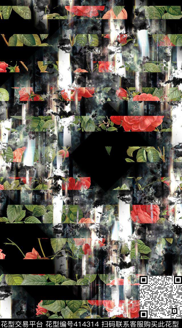 服装黑花卉数码印花华亿平台下载（图片编号: 414314） - 瓦栏（Walan）