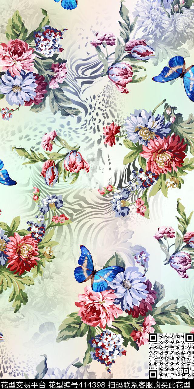 花卉手绘花、斑马纹路数码印花华亿平台下载（图片编号: 414398） - 瓦栏（Walan）
