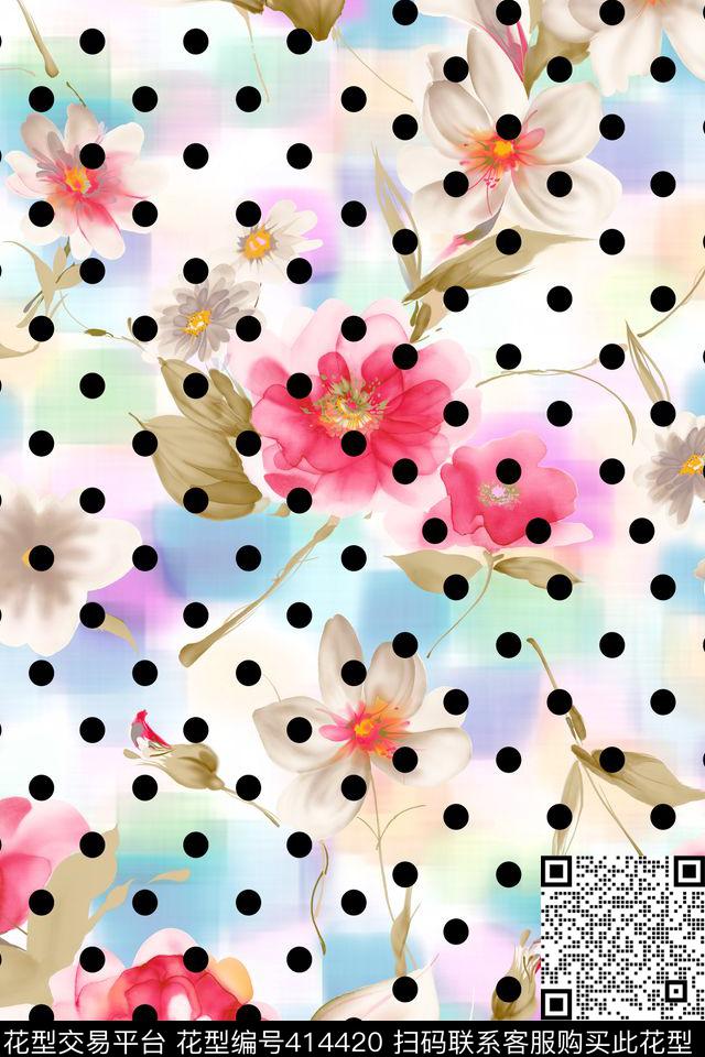 手绘水彩圆点数码印花华亿平台下载（图片编号: 414420） - 瓦栏（Walan）
