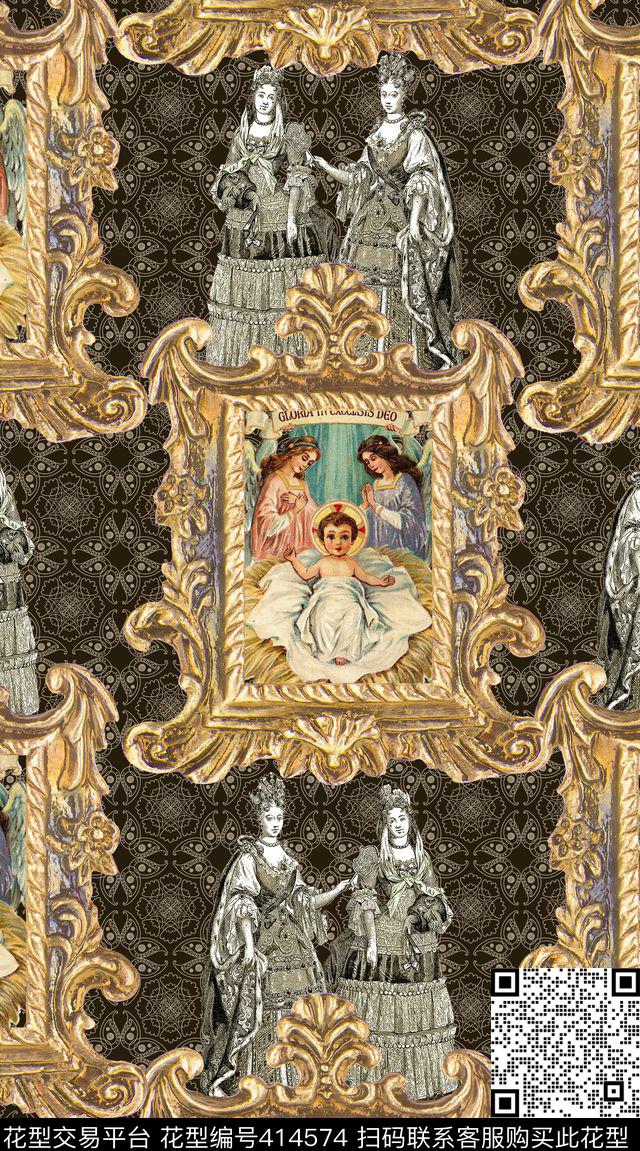 青花瓷欧式复古天使数码印花华亿平台下载（图片编号: 414574） - 瓦栏（Walan）