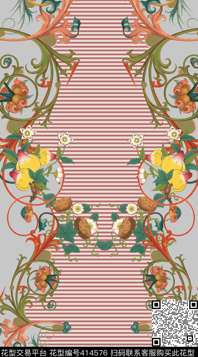 花卉复古壁画数码印花华亿平台下载（图片编号: 414576） - 瓦栏（Walan）