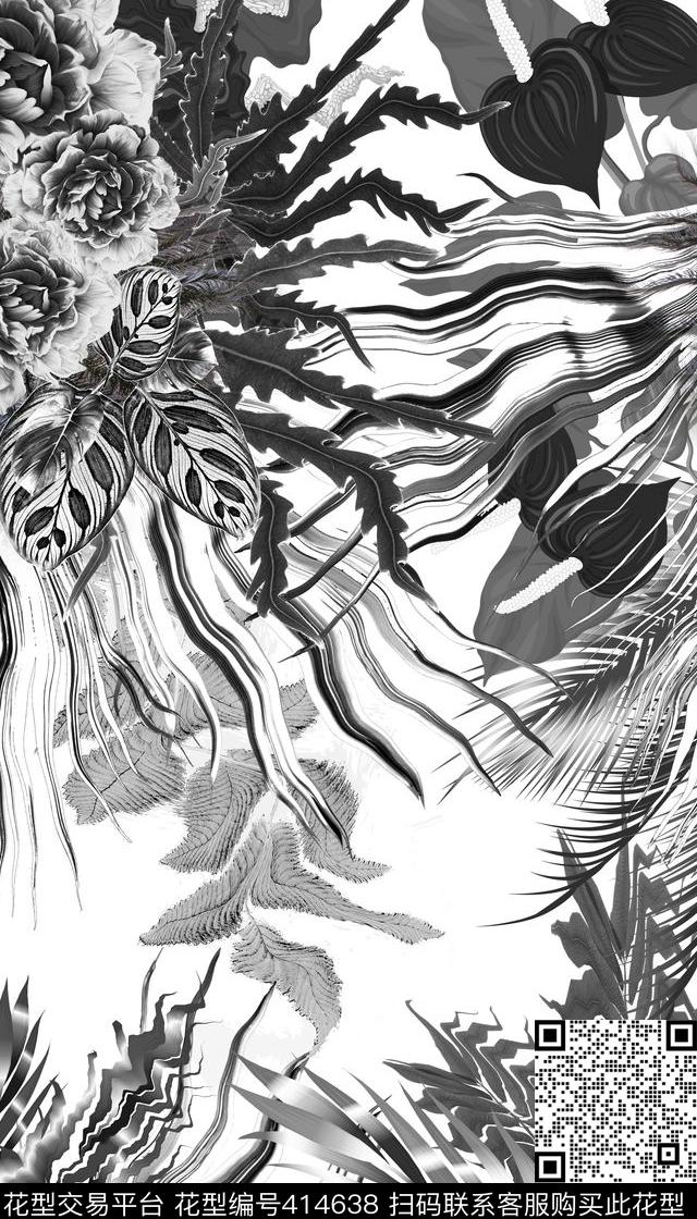 服装黑白波纹热带植物花卉数码印花华亿平台下载（图片编号: 414638） - 瓦栏（Walan）
