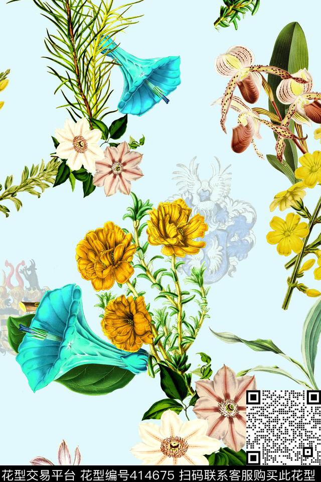 春夏手绘花卉数码印花华亿平台下载（图片编号: 414675） - 瓦栏（Walan）