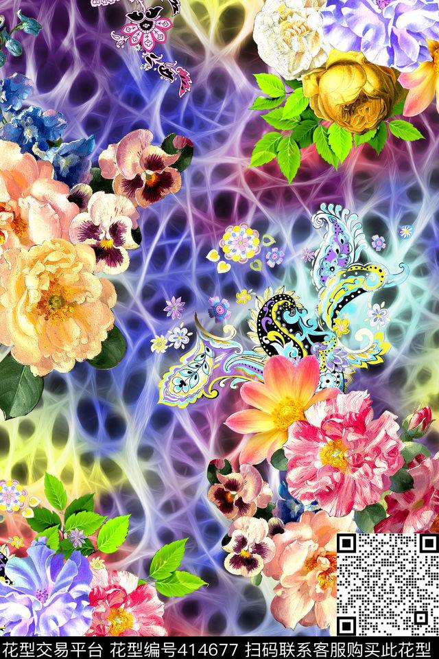 时尚花卉佩斯利涡旋纹数码印花华亿平台下载（图片编号: 414677） - 瓦栏（Walan）