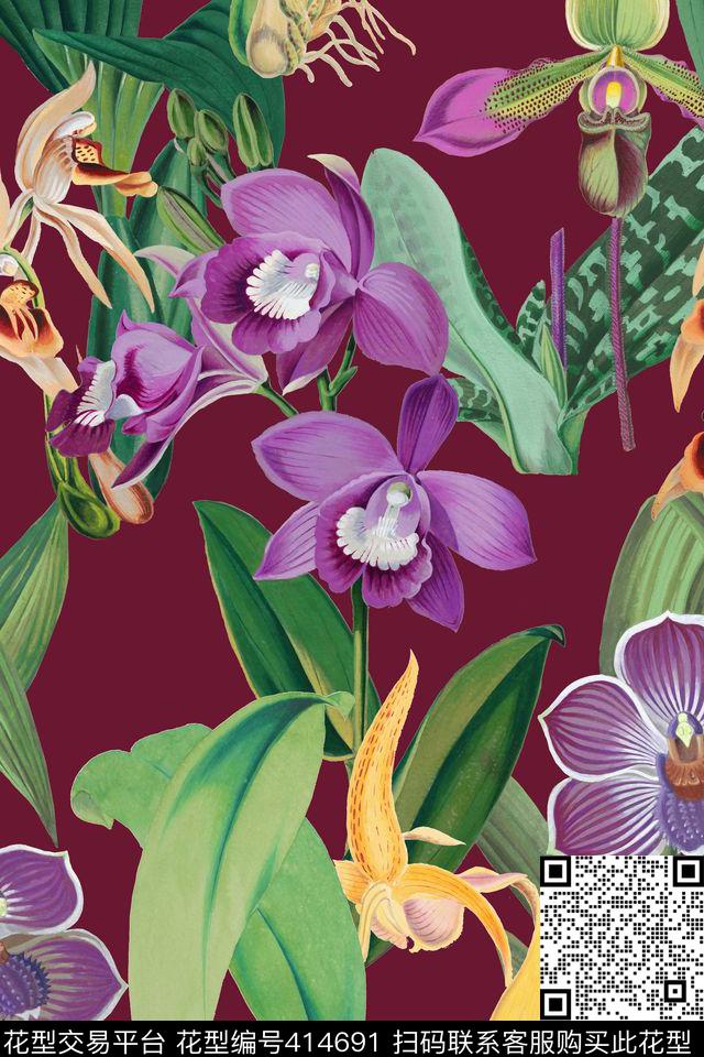 时尚植物花卉数码印花华亿平台下载（图片编号: 414691） - 瓦栏（Walan）