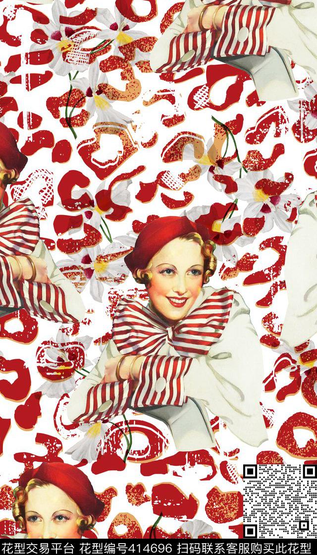 豹纹花卉美女头像数码印花华亿平台下载（图片编号: 414696） - 瓦栏（Walan）
