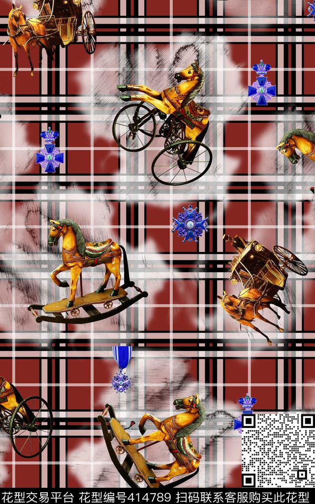 经典几何格子古董马小珠宝勋章数码印花华亿平台下载（图片编号: 414789） - 瓦栏（Walan）