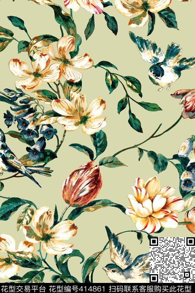 花卉手绘燕子数码印花华亿平台下载（图片编号: 414861） - 瓦栏（Walan）