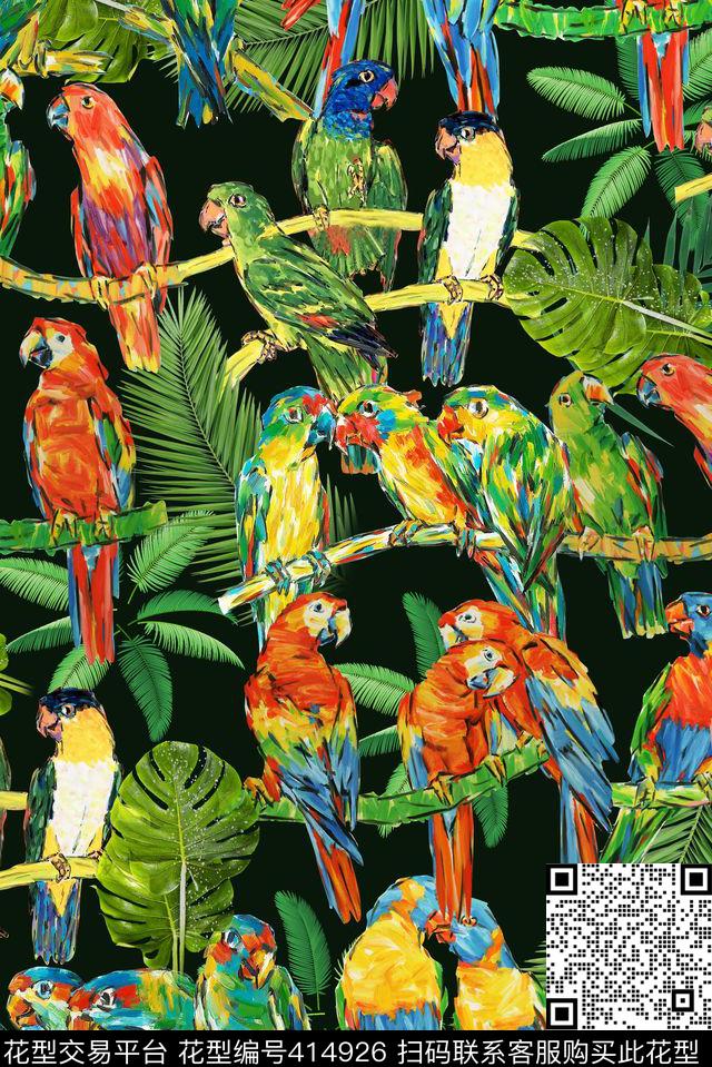 写意手绘涂鸦鸟动物抽象数码印花华亿平台下载（图片编号: 414926） - 瓦栏（Walan）