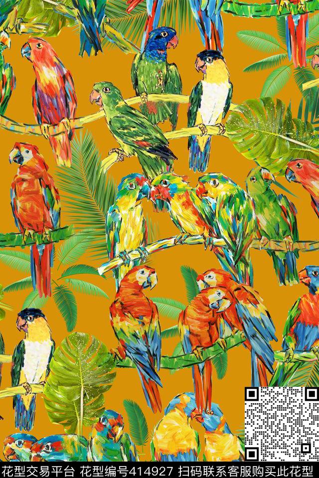 写意手绘涂鸦鸟动物抽象数码印花华亿平台下载（图片编号: 414927） - 瓦栏（Walan）