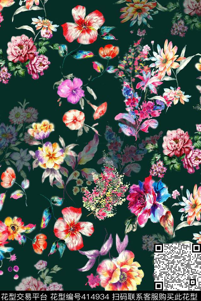写意涂鸦花卉花卉抽象数码印花华亿平台下载（图片编号: 414934） - 瓦栏（Walan）