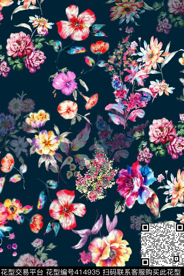 写意涂鸦花卉花卉抽象数码印花华亿平台下载（图片编号: 414935） - 瓦栏（Walan）
