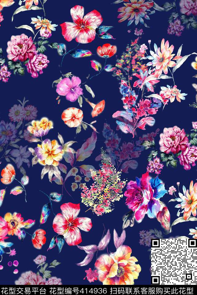 花卉写意涂鸦花卉抽象数码印花华亿平台下载（图片编号: 414936） - 瓦栏（Walan）
