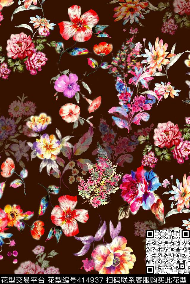 写意涂鸦花卉花卉抽象数码印花华亿平台下载（图片编号: 414937） - 瓦栏（Walan）