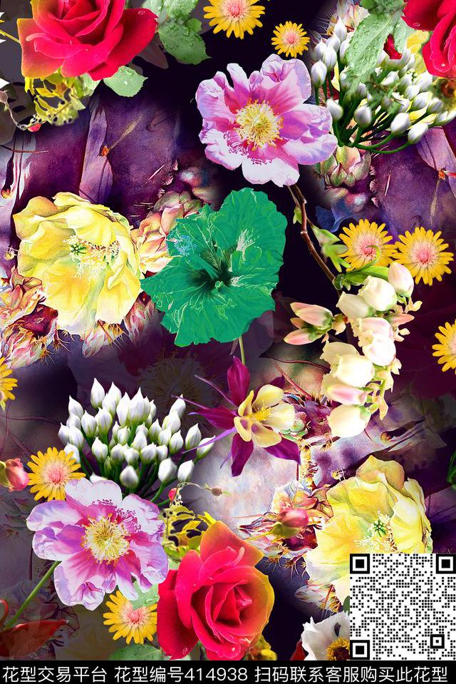 时尚写实五彩花卉抽象数码印花华亿平台下载（图片编号: 414938） - 瓦栏（Walan）