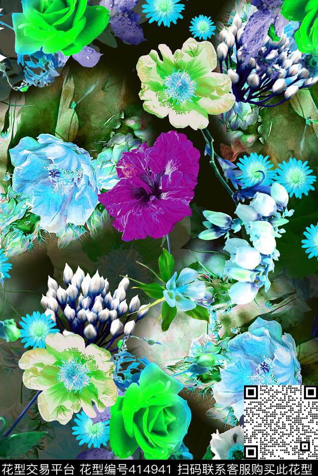 时尚写实五彩花卉抽象数码印花华亿平台下载（图片编号: 414941） - 瓦栏（Walan）