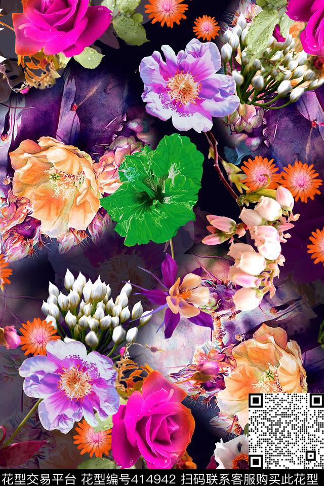 时尚写实五彩花卉抽象数码印花华亿平台下载（图片编号: 414942） - 瓦栏（Walan）
