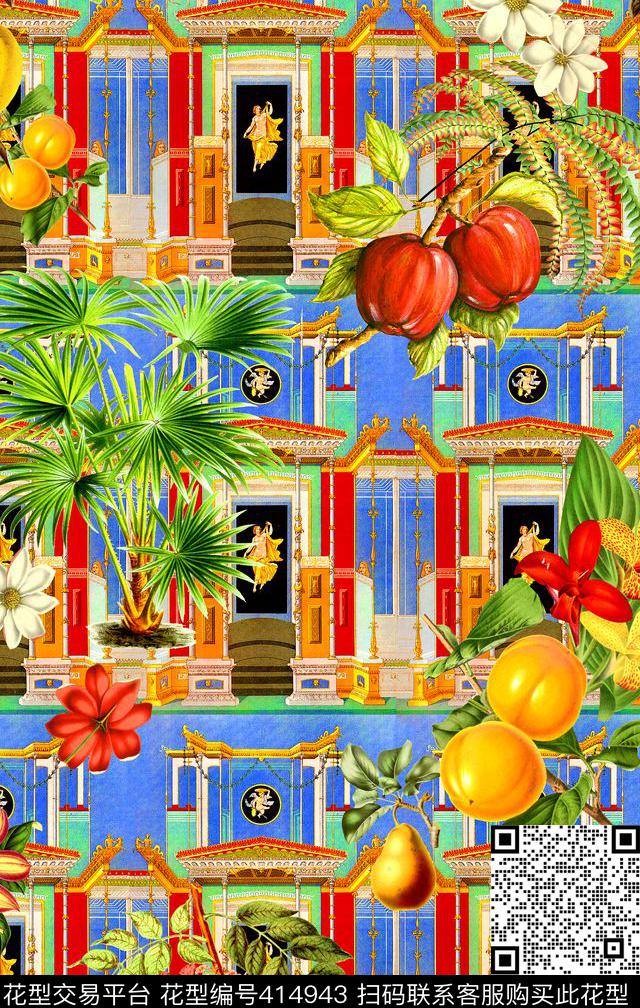 热带风建筑水果花卉数码印花华亿平台下载（图片编号: 414943） - 瓦栏（Walan）