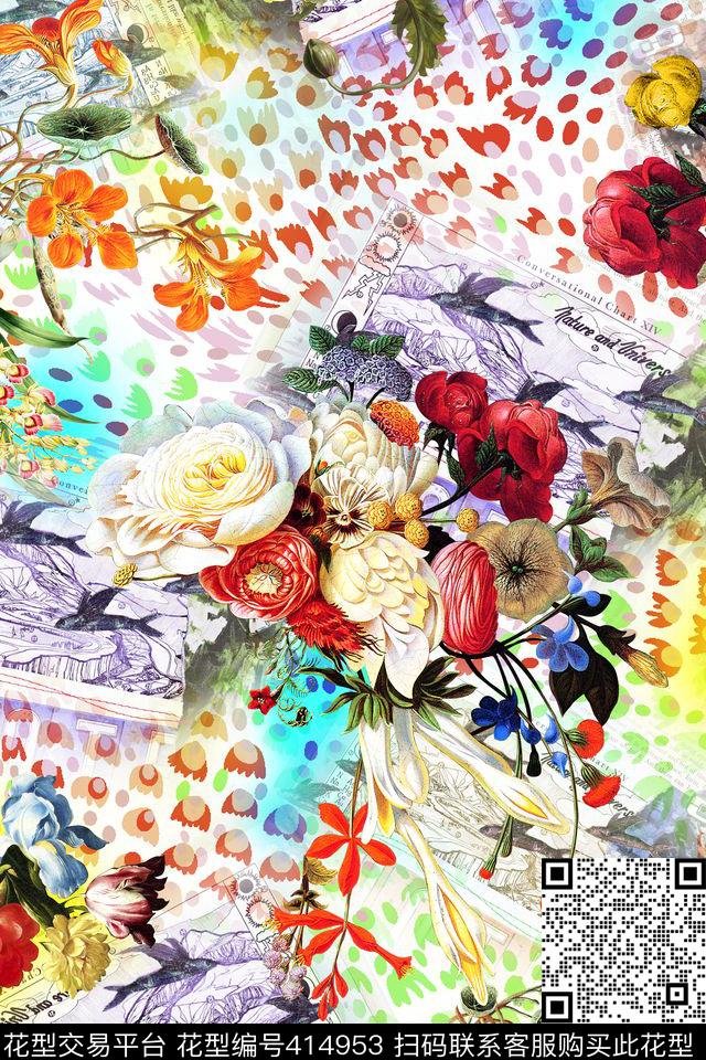 时尚炫彩花卉数码印花华亿平台下载（图片编号: 414953） - 瓦栏（Walan）