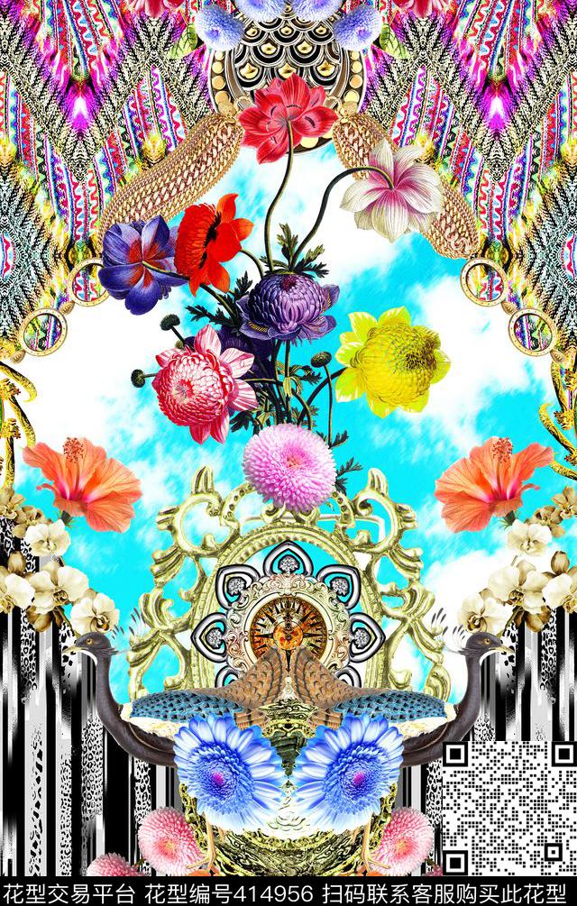 时尚花卉珠宝数码印花华亿平台下载（图片编号: 414956） - 瓦栏（Walan）