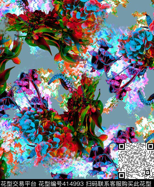 潮流复古花卉数码印花华亿平台下载（图片编号: 414993） - 瓦栏（Walan）