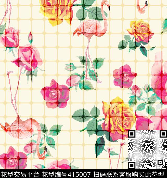 写实手绘潮流个性火烈鸟数码印花华亿平台下载（图片编号: 415007） - 瓦栏（Walan）