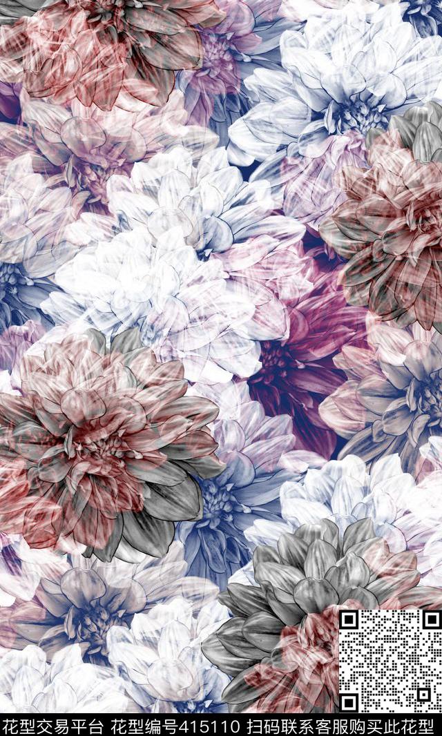 复古花花鸟混搭类数码印花华亿平台下载（图片编号: 415110） - 瓦栏（Walan）