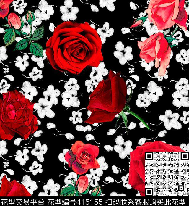 2015新华亿平台黑底花瓣数码印花华亿平台下载（图片编号: 415155） - 瓦栏（Walan）