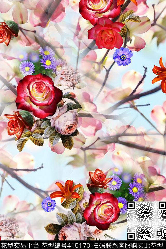 清爽花卉层次数码印花华亿平台下载（图片编号: 415170） - 瓦栏（Walan）