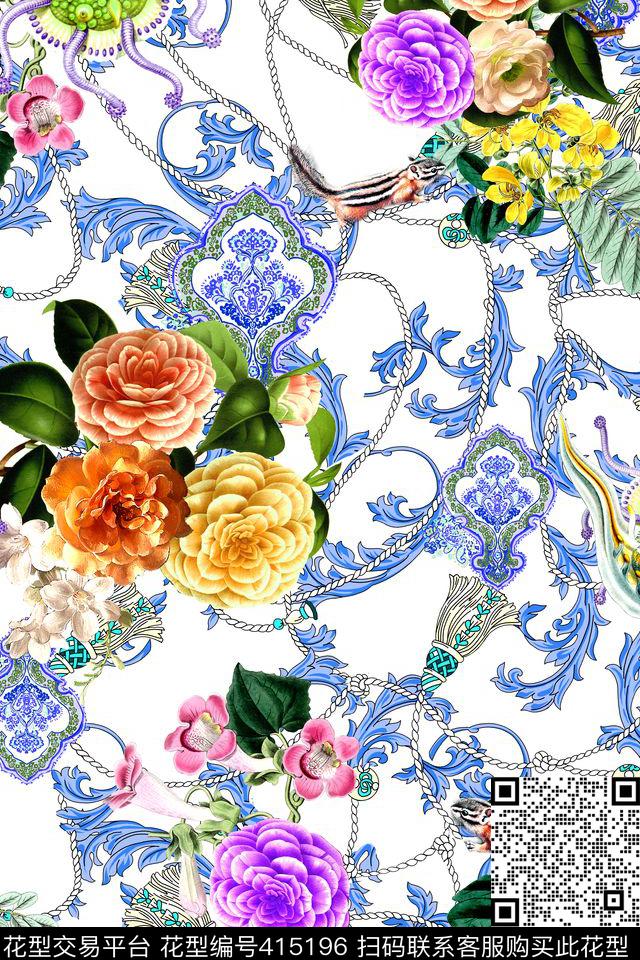 动物花卉卷草数码印花华亿平台下载（图片编号: 415196） - 瓦栏（Walan）
