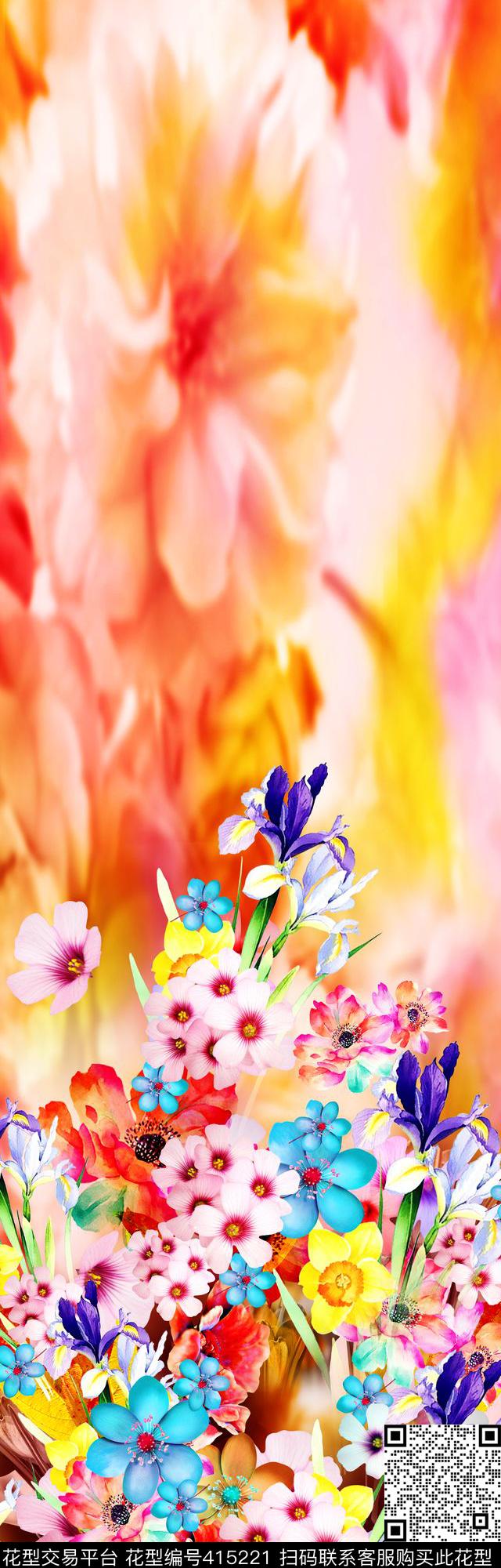 手绘花水彩花炫彩效果数码印花华亿平台下载（图片编号: 415221） - 瓦栏（Walan）
