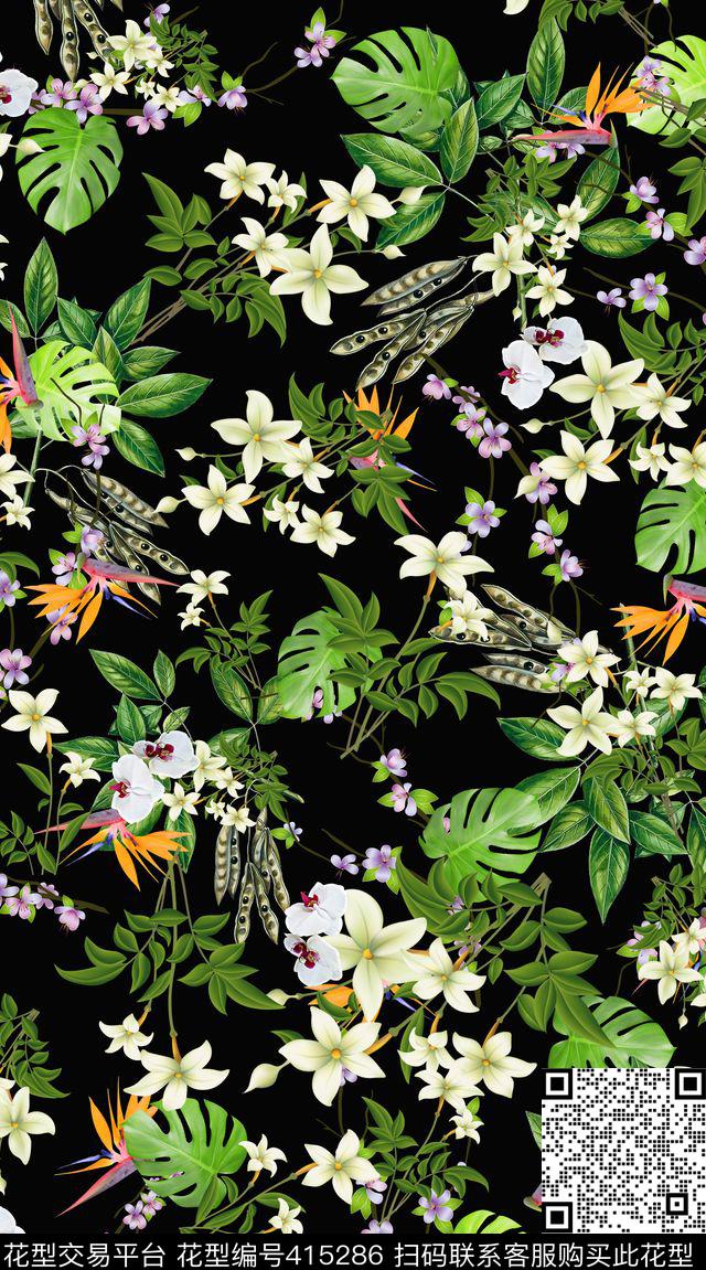 流行时尚绿叶小碎花流行时尚花卉数码印花华亿平台下载（图片编号: 415286） - 瓦栏（Walan）