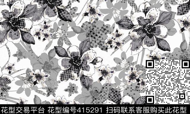 几何黑灰花朵传统印花华亿平台下载（图片编号: 415291） - 瓦栏（Walan）