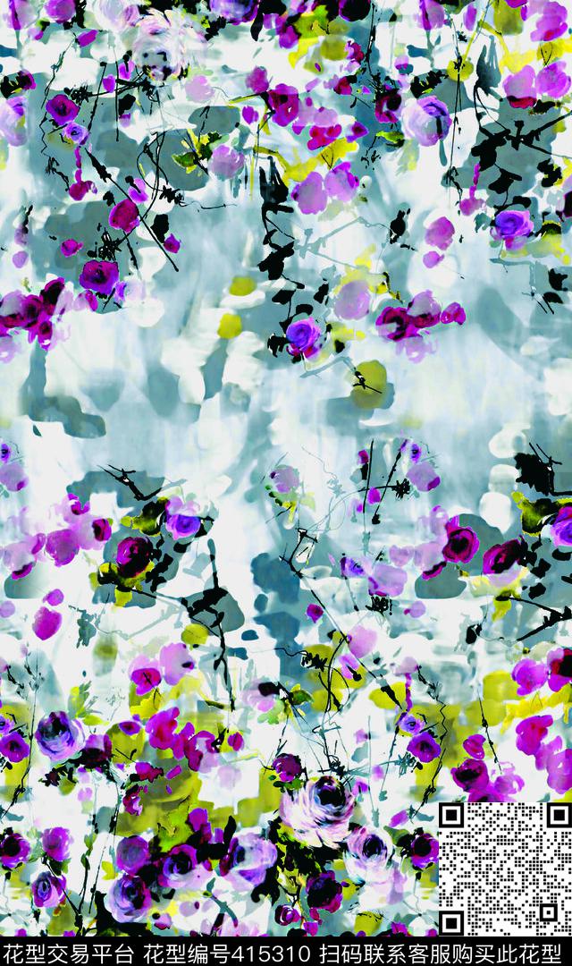 花卉水墨花卉优雅清新数码印花华亿平台下载（图片编号: 415310） - 瓦栏（Walan）