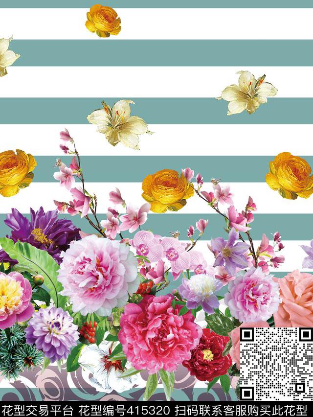 花卉条子拼接数码印花华亿平台下载（图片编号: 415320） - 瓦栏（Walan）
