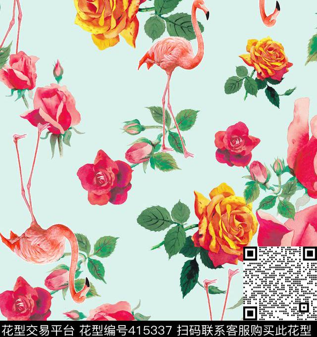 动物花瓣火烈鸟数码印花华亿平台下载（图片编号: 415337） - 瓦栏（Walan）