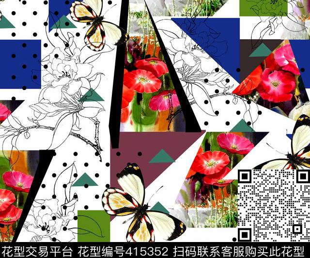 几何花卉水彩数码印花华亿平台下载（图片编号: 415352） - 瓦栏（Walan）