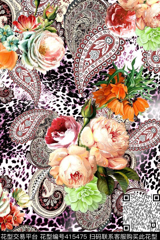 时尚花卉豹纹数码印花华亿平台下载（图片编号: 415475） - 瓦栏（Walan）